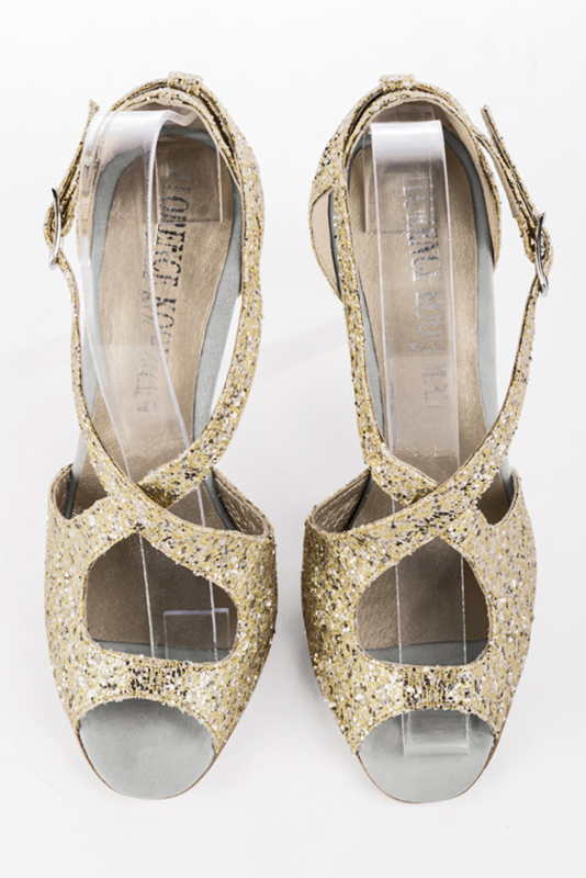 Sky blue and gold women's closed back sandals, with crossed straps. Round toe. Very high slim heel. Top view - Florence KOOIJMAN